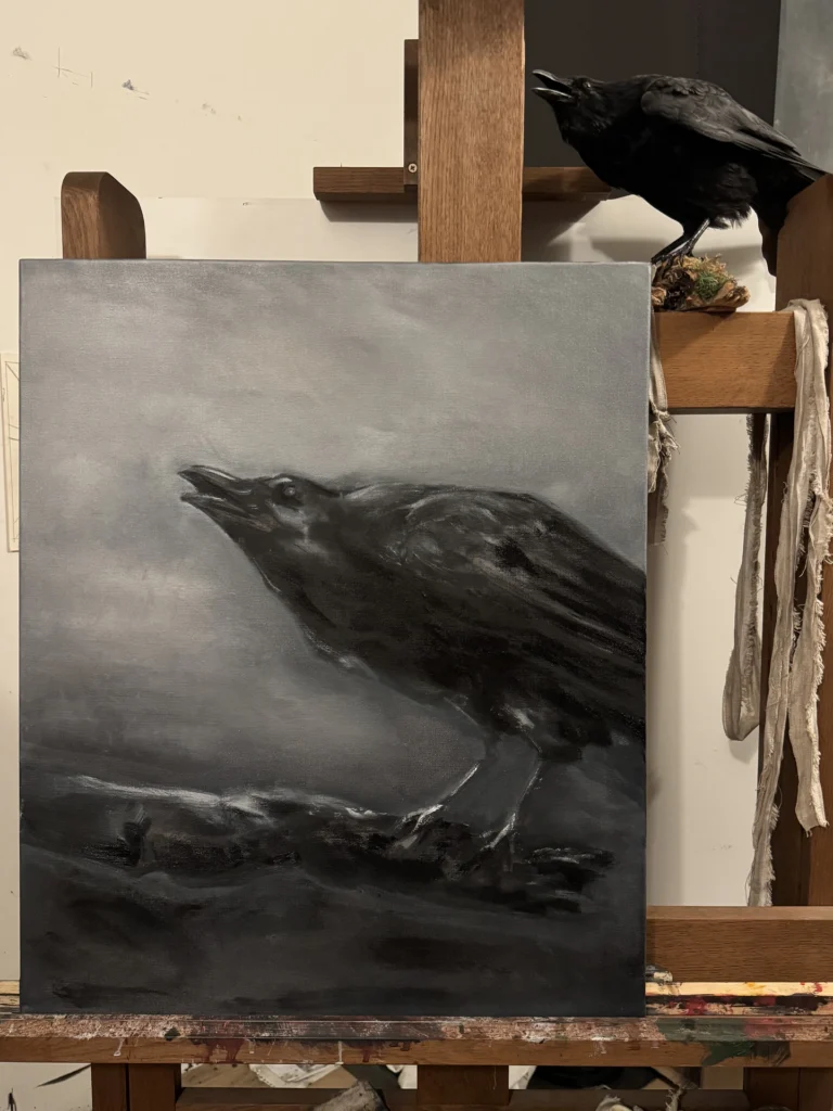 Corbeau, huile d'Ismaël Maurey : un corbeau sur une branche dans une ambiance nocturne, 60 × 73 cm
